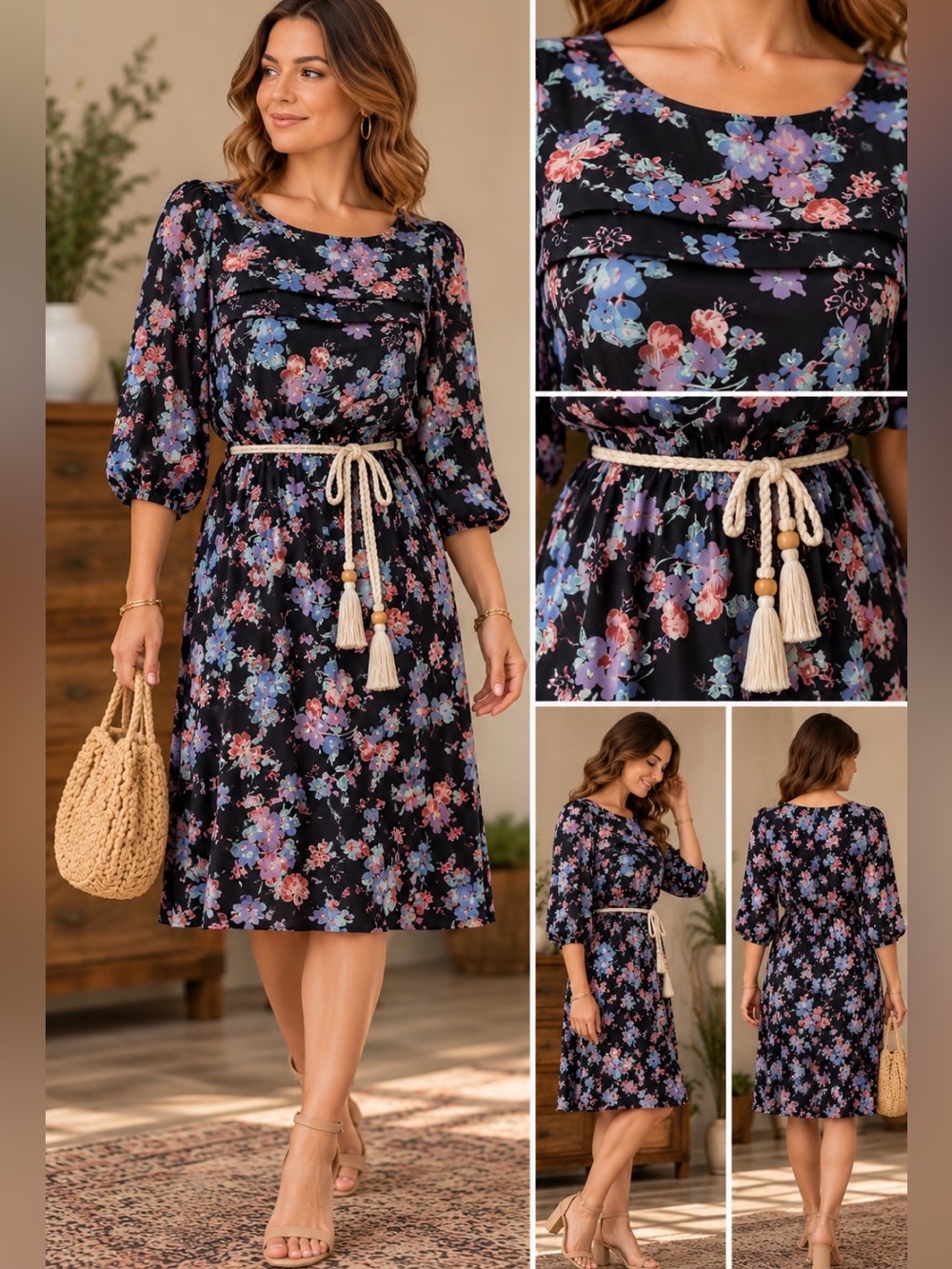 Vintage 80’s - Black Floral Midi Dress with Pink & Blue Flowers